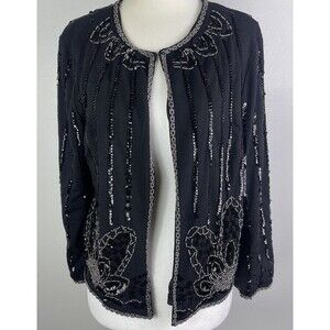 Flying Tomato Formal Cardigan Jacket L Black Sequined MOB Bling Evening Wear